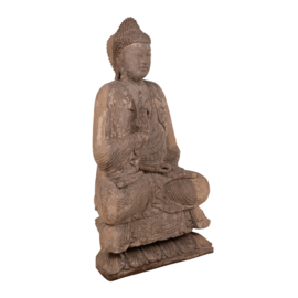 Grote vergrijsd houten boedha Boeddha budha Beeld landelijk vintage  110 x 60 x 30 cm