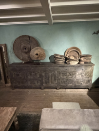 Grote lange grijze vergrijsd houten kast dressoir keukenblok werkbank L275 x D46 x H91 cm