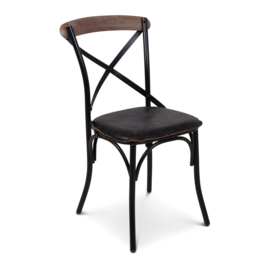 Zwart metalen stoel stoeltje stoelen stoeltjes keukenstoeltjes eetkamer zwart naturel leren zitting kruisrug landelijk stoer industrieel vintage