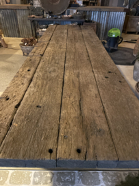 Stoere oude industriële tafel 300 cm eettafel workmate werkbank werktafel vintage metalen onderstel