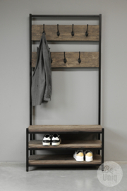 Oud houten staande kapstok met bankje legplanken schoenenrek SEP 190 x 90 x 37 cm kast halbankje halkast kast landelijk stoer industrieel