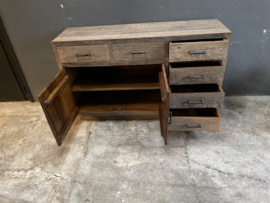 Stoere Truckwood railway vergrijsd houten kast ladenkast ladekast loft met lades en deurtjes 150 x 90 x 45 cm sideboard sidetable dressoir landelijk stoer industrieel urban