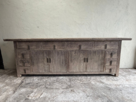 Prachtig groot lang oud vergrijsd houten dressoir televisie kast tv meubel 264 cm lang landelijk sober werkbank Sidetable keukenblok wandkast 149