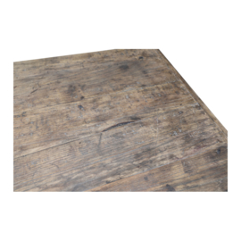 Unieke oude doorleefd vergrijsd houten tafel eettafel bijzettafel salontafel restaurant bistro werkbank kookeiland keukeneiland landelijk stoer industrieel 93 x 90 x H79 cm