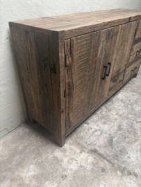 Oud railway houten dressoir tv meubel kast televisie televisiekast televisiemeubel vol massief hout landelijk industrieel robuust oud hout vintage sidetable 150 x 80 x 40cm nr 99