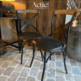 Actie! Set van 2 echt leren stoere zwarte houten stoelen metaal leer stoel