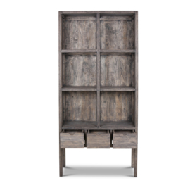 Prachtige grote grijze grijs houten kast boekenkast roomdivider met lades en schappen vakken vergrijsd 225 x 106 x 40 cm