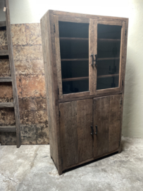 Grote teakhouten truckwood kast keukenkast vitrinekast servieskast hout houten glas landelijk industrieel H190 x B100 x D40 cm Railway SEP