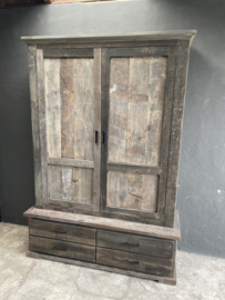Oud houten kast klerenkast 2 deurs 4 laden kleerkast kastje met legplanken 155 x H221 x 54 cm oud hout 2 deurs keukenkast boekenkast servieskast landelijk industrieel