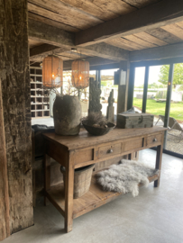 Oud houten werkbank oude fabriekstafel sidetable werktafel buitenkeuken keukeneiland sideboard winkelkast winkeltafel landelijk stoer industrieel urban sleets vintage lades 165 x 61 x H90 cm met onderplank vintage