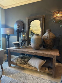 Grote oude vergrijsd houten originele tafel 189 x 89 x H71 cm workmate kookeiland boerderij ladekast werkbank met onderplank Sidetable wandtafel toonbank winkeltafel presenteertafel werkbank keukenblok landelijk stoer industrieel vintage keukeneiland