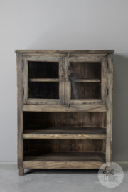 Oude houten kast vitrinekast keukenkast glaskast servies landelijk 129 x 100 x 49 cm