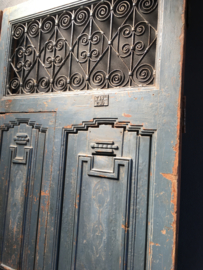 Prachtige grote oude houten wand paneel deuren kozijn poort deur kamerscherm decoratie 244,5 x 223 cm stoer landelijk industrieel oud old grijs blauw grijsblauw