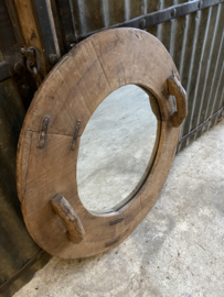 Prachtige grote oud houten ronde spiegel 81 cm wandspiegel rond groot oud hout lijst met oud landelijk stoer robuust industrieel