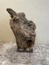 Enorm groot oud vergrijsd houten ornament 120 cm hoog  stronk object kunst stoer landelijk industrieel eye-catcher