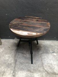 Vintage metalen rond tafeltje Met houten blad industrieel zwart metaal 60 cm