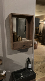 Oud truckwood houten wandkastje met spiegel met lade wandplank landelijk industrieel vintage SEP