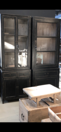 Mooie grote hoge kast met glas servieskast 225 x 78 x 50 cm vitrinekast keukenkast zwart hout landelijk stoer industrieel
