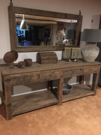 Stoer vergrijsd houten sidetable tafel ladekast wastafel Bassano werkbank bassano dressoir bureau landelijk stoer robuust vergrijsd hout kookeiland keukeneiland