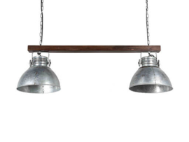 Industriele landelijke hanglamp plafond lamp hout metaal 2 kappen 90 cm zink grijs bruin industrieel landelijk stoer vintage