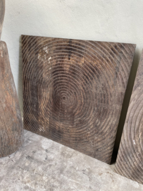 Gaaf groot oud vergrijsd vierkant houten wandpaneel 102 x 102 cm Mandela cirkel rond ronde cirkels  wanddecoratie landelijk stoer vintage