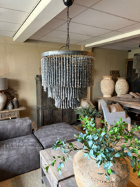 Prachtige stoere lamp hanglamp vergrijsd houten kralen kroonluchter 50 cm landelijk stoer