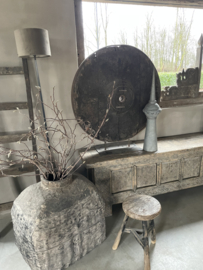 MEGAgroot orgineel oud vergrijsd houten wiel vensterbank urban spoel ornament rond 100 x 96 cm raamdecoratie op voet eye-catcher landelijk industrieel stoer wanddecoratie raamscherm