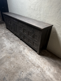 Grote lange grijze vergrijsd houten kast dressoir keukenblok werkbank L275 x D46 x H91 cm