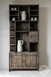 Unieke oude vergrijsd houten kast keukenkast servieskast art deco stijl winkelkast potten landelijk stoer 204 x 92 x 30 cm verzameling vitrine vakken