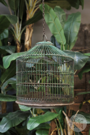 Oud metalen vogelkooitje vogelkooi vintage groen bruin hangen basket landelijk brocant