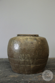 Mooie oude stenen geglazuurde kruik pot vaas H30 x 35 cm origineel oude zoutpot