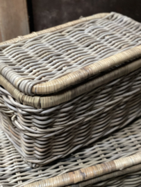 Vergrijsd rotan dekenkist picknickmand met klep deksel koffer antique grey kist 51 x 28 x H28 cm landelijk stoer grijs