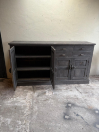 Landelijk groot vergrijsd grijs houten dressoir 224 x 53 X H120 cm wandmeubel stoer lades deurtjes werkbank Sidetable