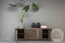 Stoer vergrijsd houten truckwood railway dressoir televisie kast tvkast audio meubel sidetable ladenkast H75 x B220 x D45 cm sideboard landelijk stoer industrieel