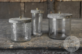 Glazen potje met vergrijsd grey houten dekseltje wattenstaafjes kruiden landelijk 14 x 6 cm