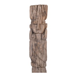 Oud hoog vergrijsd houten beeld pop grote man op voet landelijk stoer sober 85 cm