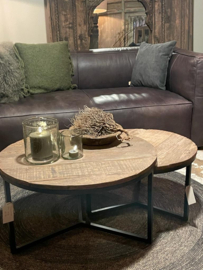 vergrijsd houten metalen tafel tafeltjes tafel tafeltje rond 60  cm ronde bijzettafel salontafel bijzettafeltje railway hout landelijk industrieel vintage hout metaal SEP