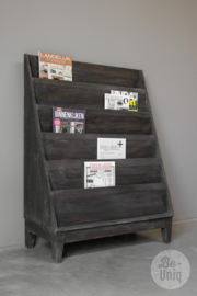 Grijs antraciet zwart houten lectuurbak groot 117 x 92 x 38 cm magazine lees reclame folderrek  rek schap lectuur folders landelijk stoer industrieel vintage