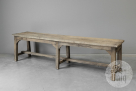 Landelijke oude vergrijsd houten lange bank eetkamerbank eettafelbank 182 cm