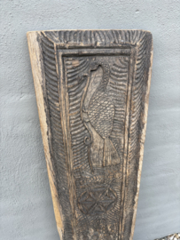 Smal lang oud houten paneel wandpaneel ornament plank houtsnijwerk vintage landelijk uniek 116 x 29 x 5 cm
