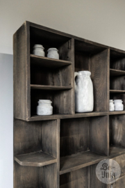 Unieke oude vergrijsd houten kast keukenkast servieskast art deco stijl winkelkast potten landelijk stoer 204 x 92 x 30 cm verzameling vitrine vakken