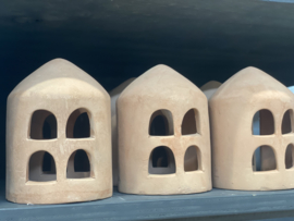 Terracotta stenen theelicht theelichtje kandelaar huisje tempel tempeltje tempellijst tempellijstje
