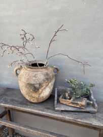 Prachtige grote oude verweerde stenen kruik pot vaas H40 x B44 x D38 cm HOFFZ  landelijk stoer