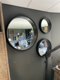 Set van 3 ronde zwarten houten spiegels wanddecoratie wandpaneel ronde  kozijn venster 80cm 55cm en 45cm spiegel rond zwart kozijn venster landelijk industrieel vintage