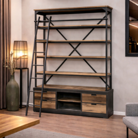 Grote industriele houten kast landelijk met ladder trap boekenkast schap rek legplanken H245 X L160 x D45 cm
