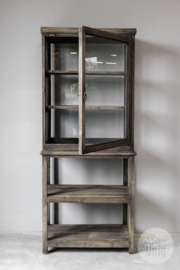 Oud naturel vergrijsd houten kast vitrinekast keukenkast servies winkelkast wandkast wandmeubel landelijk vintage H165 x B66 x D38 cm