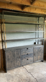 Gave industriële landelijke grote zwart grijze kast 240 x 200 x 45 cm rek schap winkelkast legplanken lades deurtjes stoer hout metaal