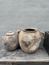 Unieke oude terracotta stenen kruik met deksel pot vaas