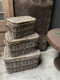 Vergrijsd rotan dekenkist picknickmand met klep deksel koffer antique grey kist 75 x 45 x H42 cm landelijk stoer grijs