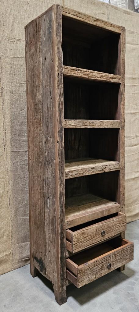 Old wood boekenkast smal landelijk stoer kast schap rek met lades en vakken truckwood railway H180 X 40 x B60 cm